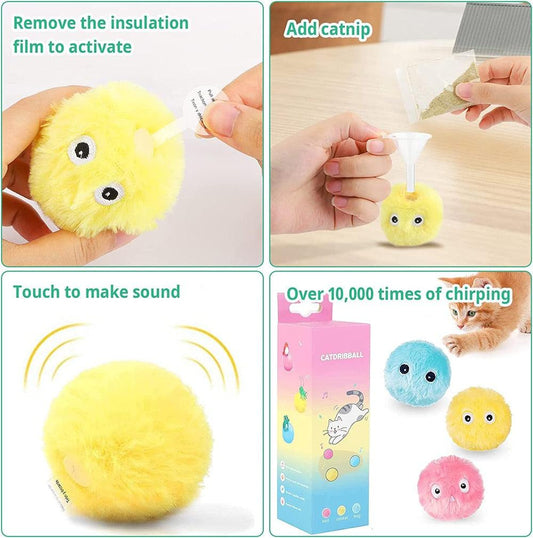 Smart Fluffy Plush Cat Ball Toys Interactive Chirping Balls Cat Kicker Toys 3 Lifelike Sounds Fun Kitty Kitten Toys Interactive Electric Cat Ball with Sound