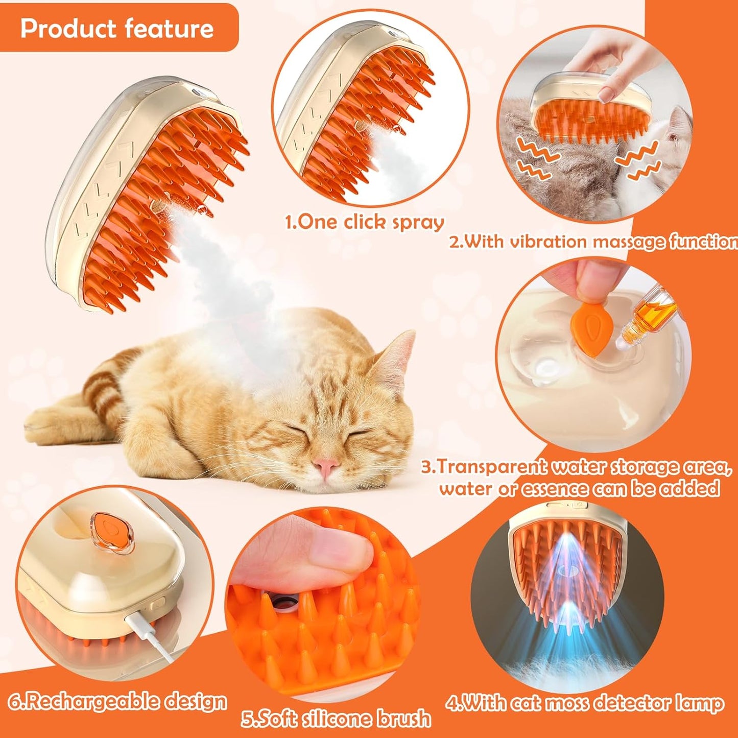 Cat Steam Grooming Brush 4-in-1 Shedding Massage Tool