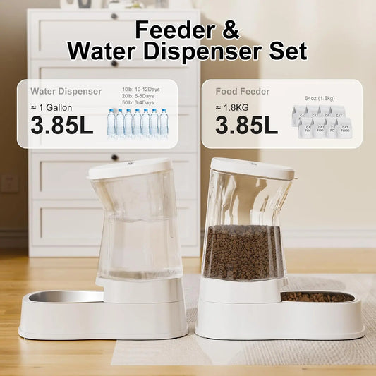 Automatic Pet Feeder Water Dispenser Set Stainless Steel Bowls
