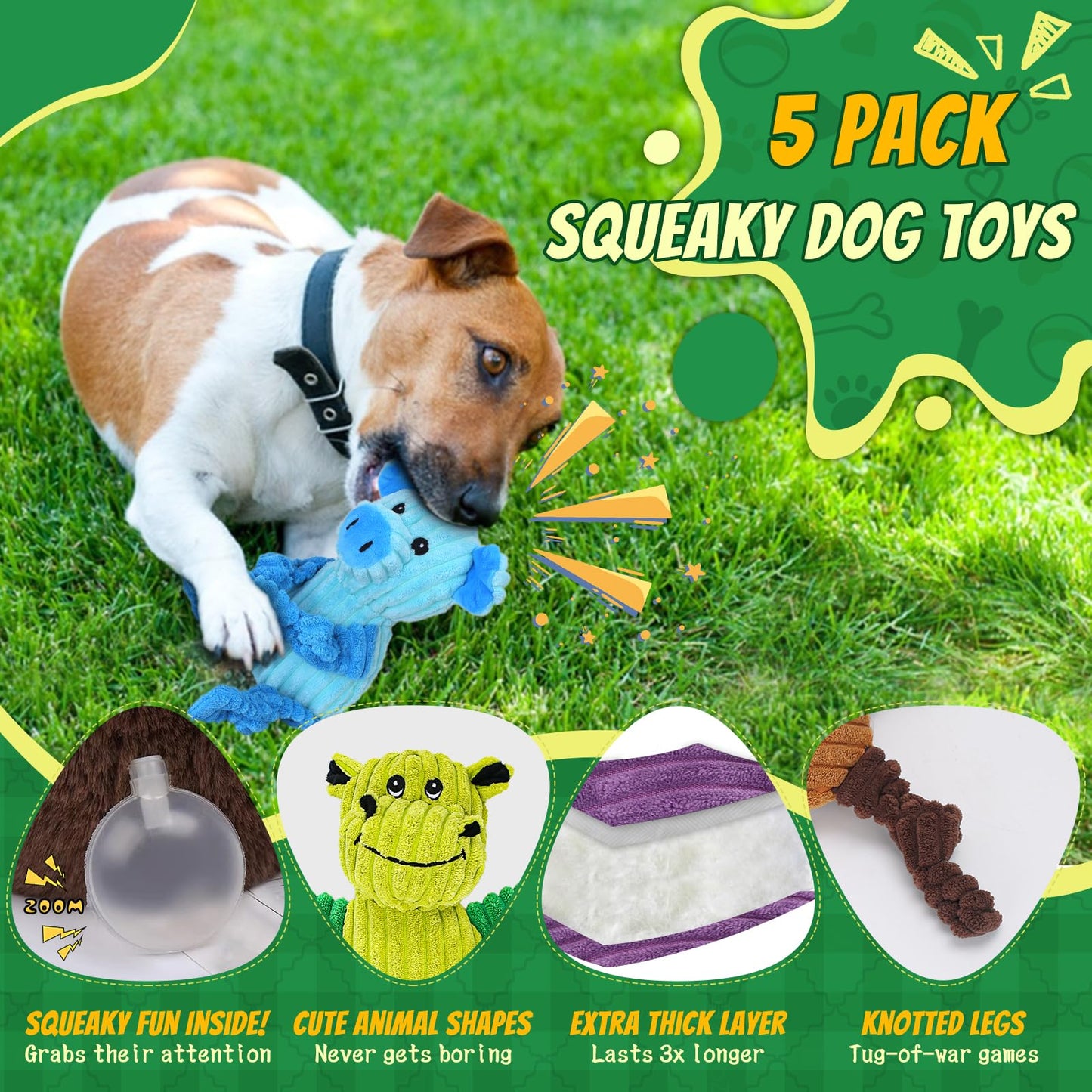 5-Pack Squeaky Plush Dog Toy Bundle Durable