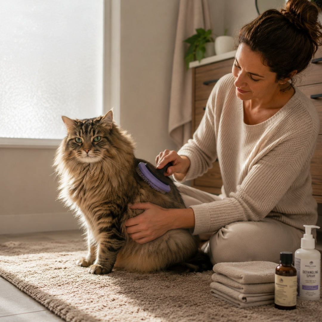 Woman grooming a cat on a carpeted floor with pet care products nearby.