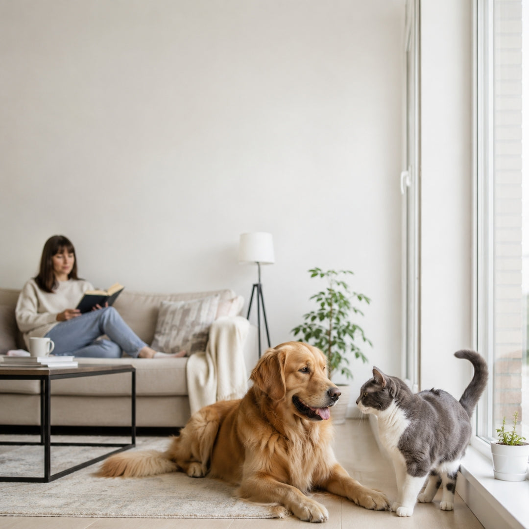 Woman reading a book on a couch with a dog and cat in a bright living room.
