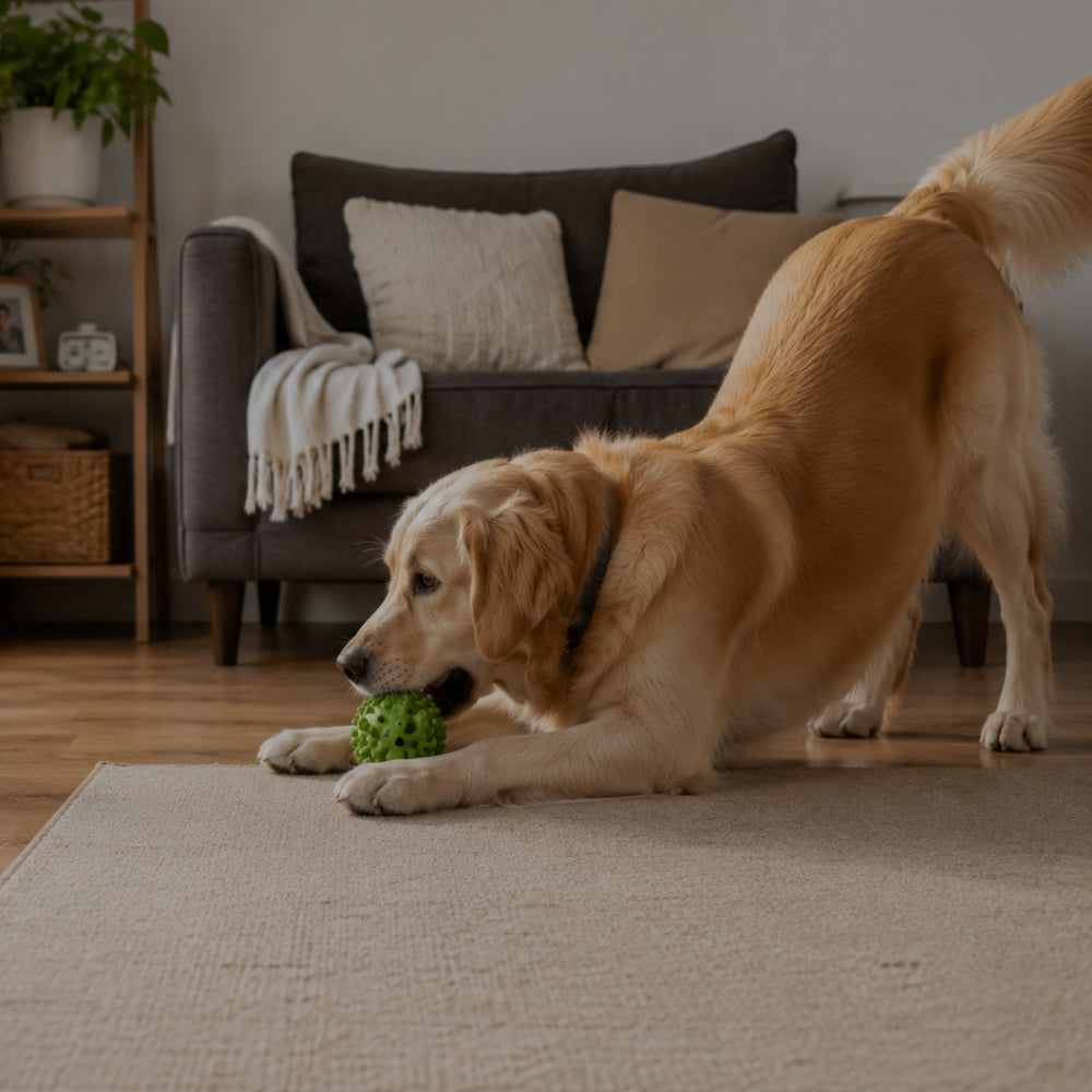 Dog playing with a green ball on a carpeted floor in a living room.