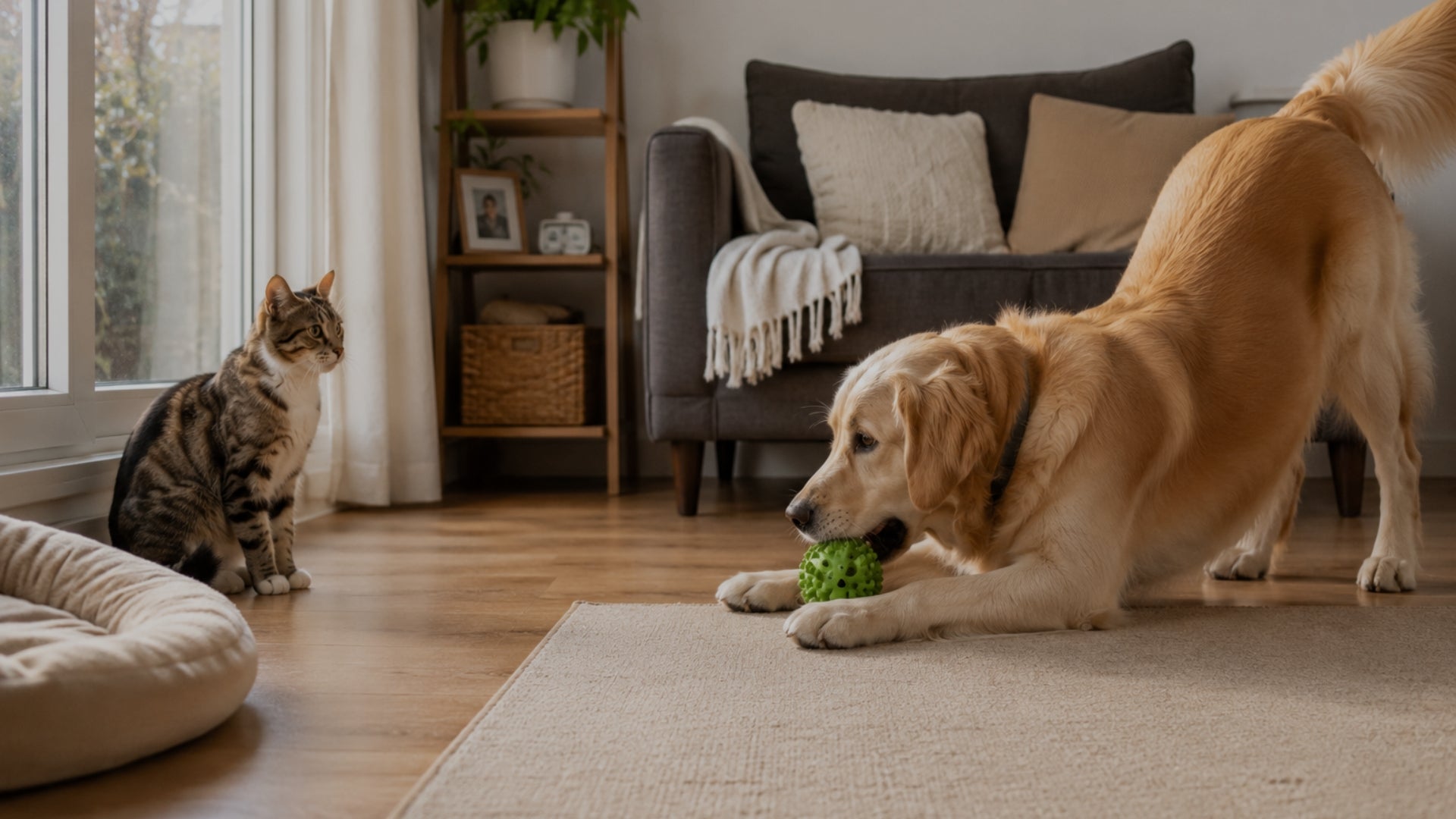 Dog and cat in a living room with a dog chew toy