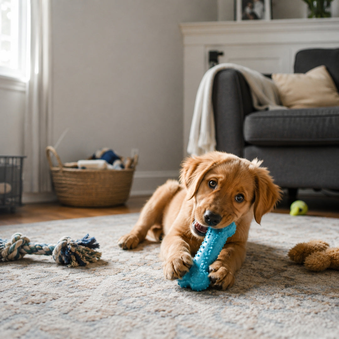 Dog playing with a blue toy on a carpeted floor in a living room.