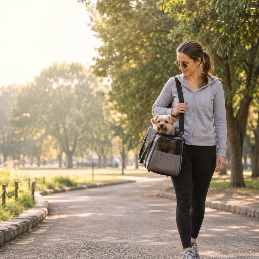 Woman walking a dog in a carrier on a path in a park