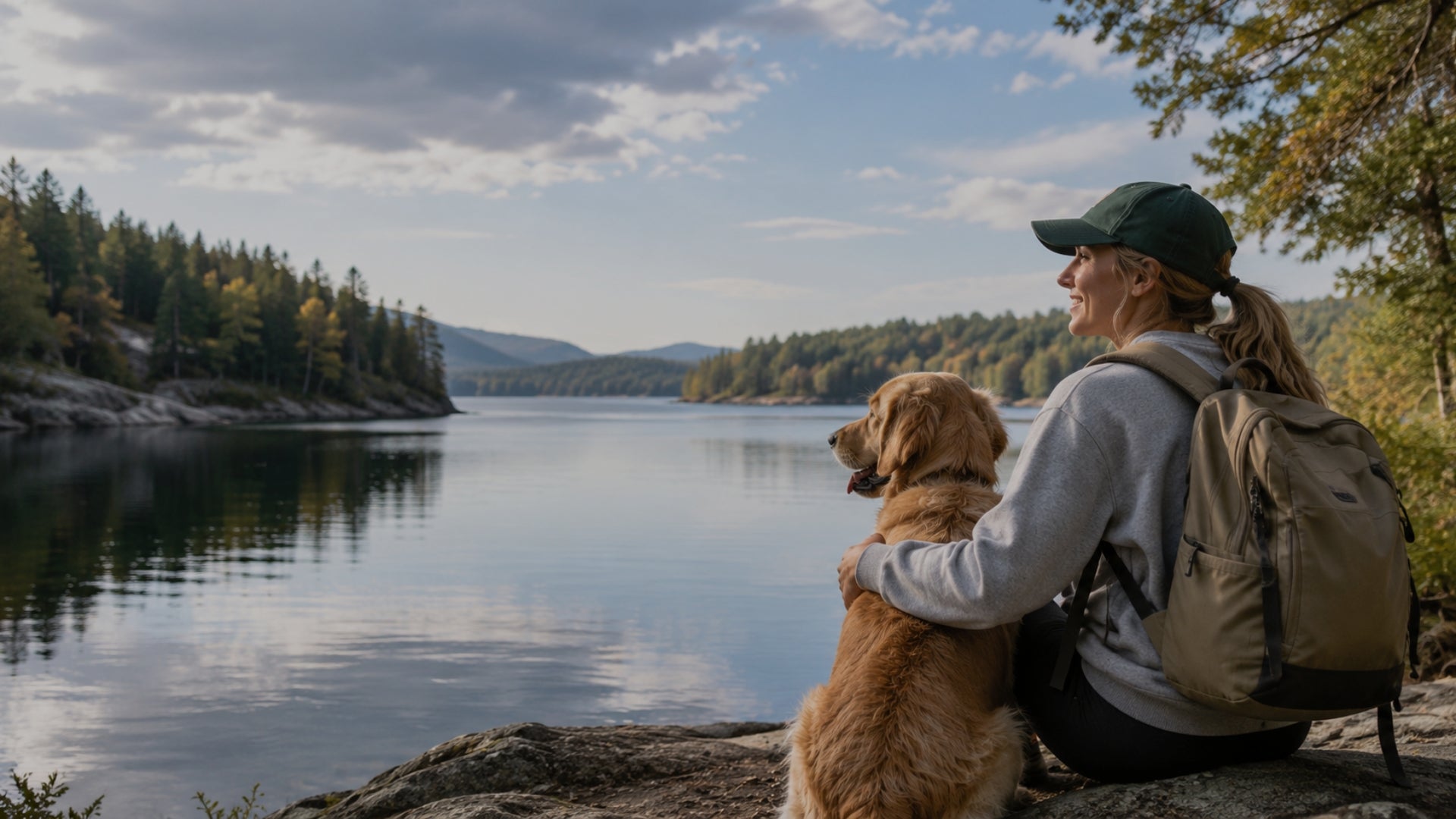 Woman with a dog sitting by a lake surrounded by trees