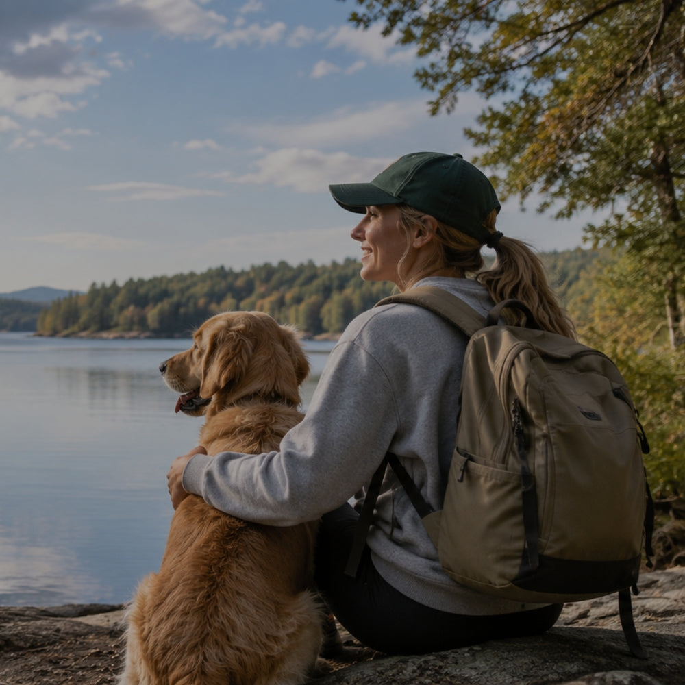 Woman with a backpack and dog sitting by a lake with trees in the background